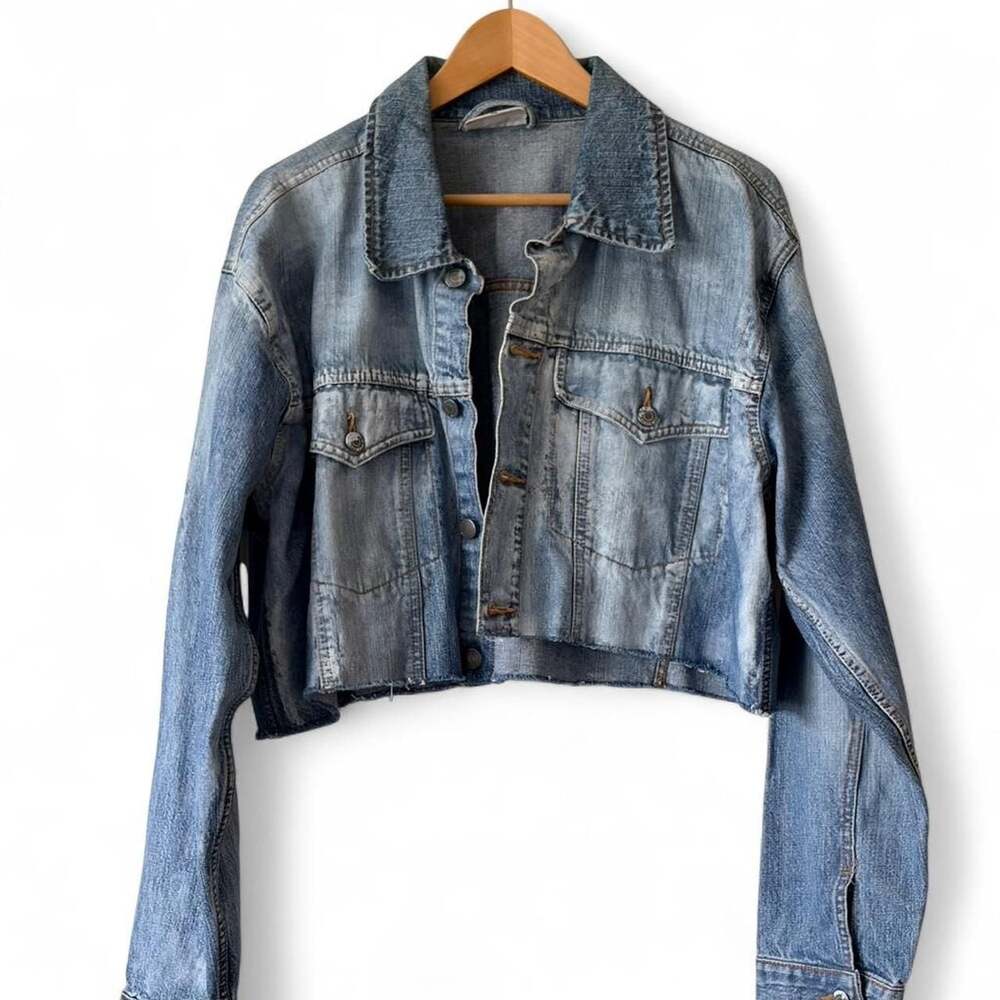 Club Sportif Cropped Distressed Denim Jacket